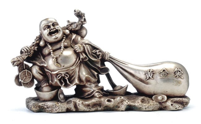 Lot 1256 - A CHINESE SILVERED METAL FIGURE OF A LAUGHING BUDDHA - לתירוש